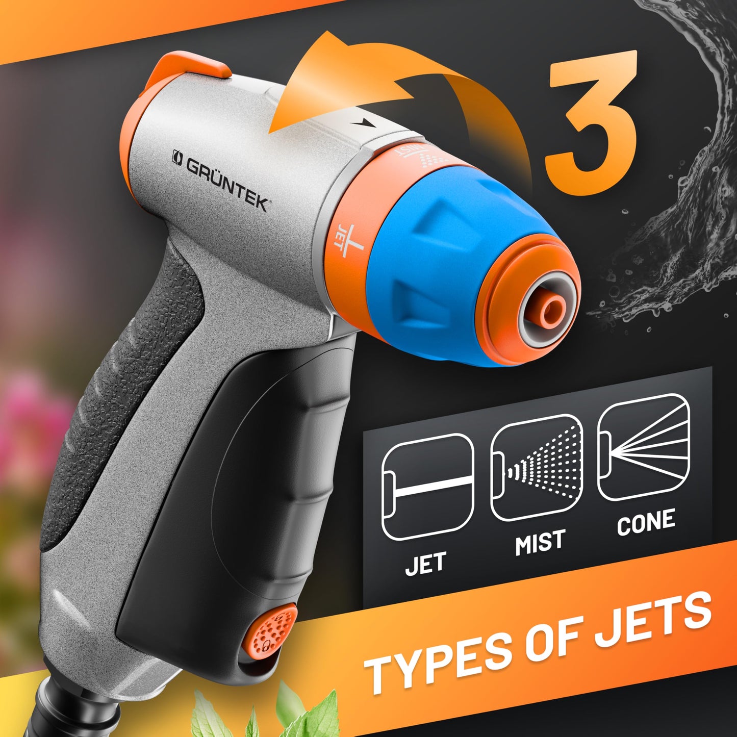 GRÜNTEK Metal Garden Hose Jet Spray Gun: High Pressure Spray Nozzle for Car Washing, Cleaning, or Fine Shower Spray for Watering Flowers, Lawn, and Garden