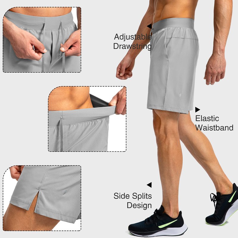 Soothfeel Men's Running Shorts with Zipper Pockets 7 Inch Lightweight Quick Dry Gym Athletic Workout Shorts for Men (Light Grey, XL)