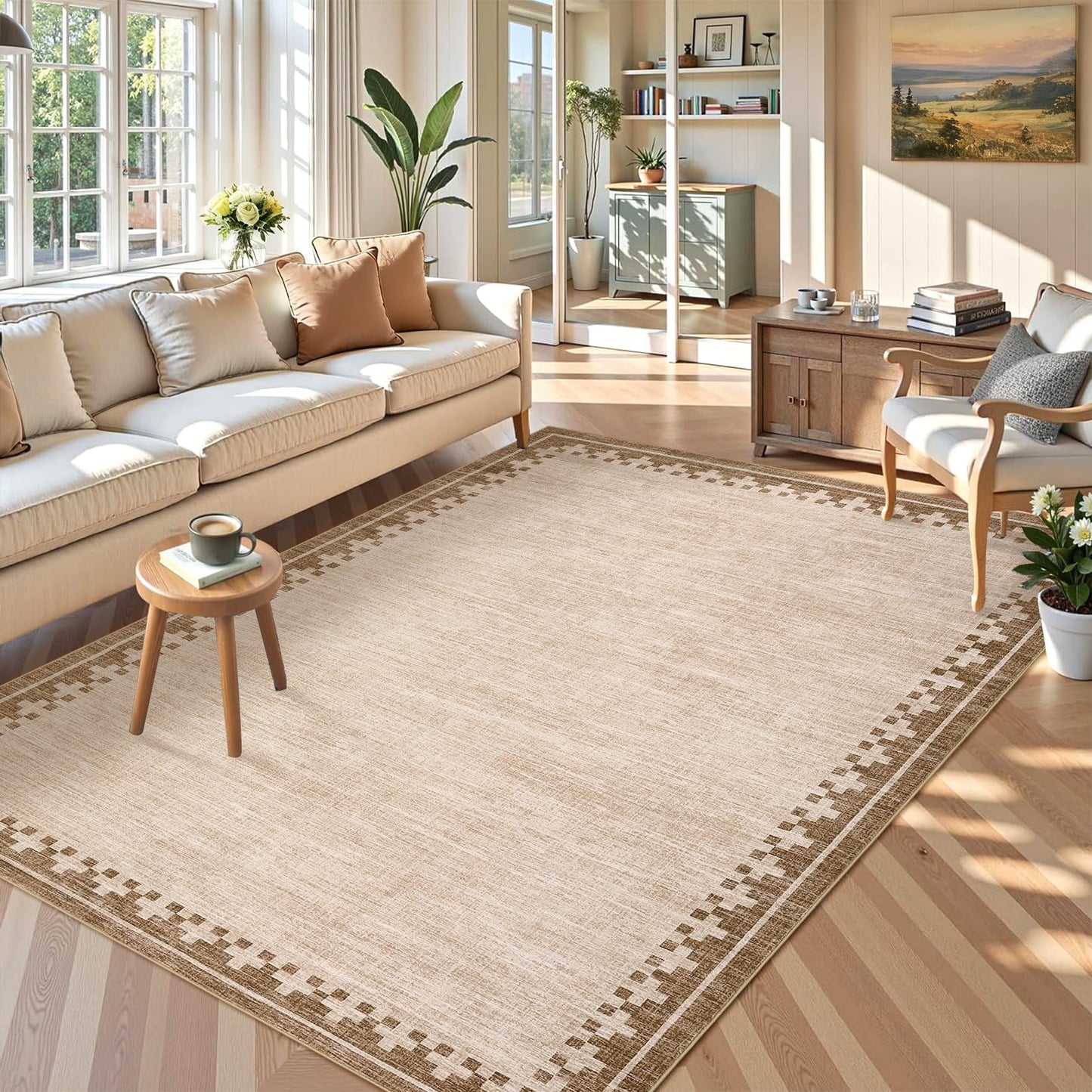 GarveeHome Cross Bordered Large Area Rug 9x12 Machine Washable Non Slip Low Pile Dining Room Carpet Geometric Stain Resistant Living Room Bedroom Home Office Rug, Beige