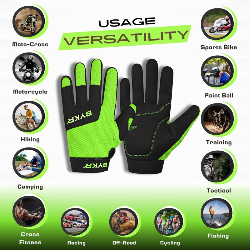 BYKR All-Weather Motorcycle Gloves for Men & Women – Protection for Dirt Bike, BMX, MX, and ATV Riding – FL Green M