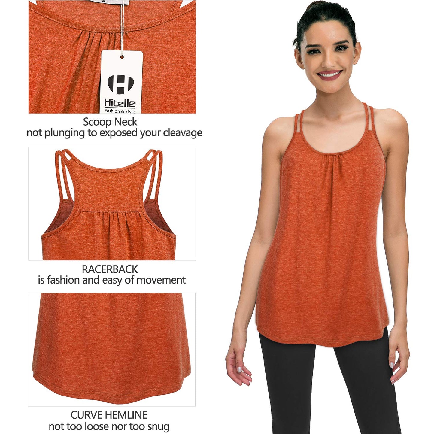 Hibelle Workout Tops for Women, Racerback Spaghetti Strap Tank Tops Loose Fit Ribbed Flowy Sleeveless Activewear Ruched Scoop Neck Fitness Workout Clothes Plus Size Summer Dress Orange L