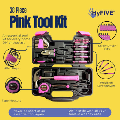 Pink DIY Tool Kit Set in Carry Bag - Hammer, Pliers, Screwdriver - 38pcs