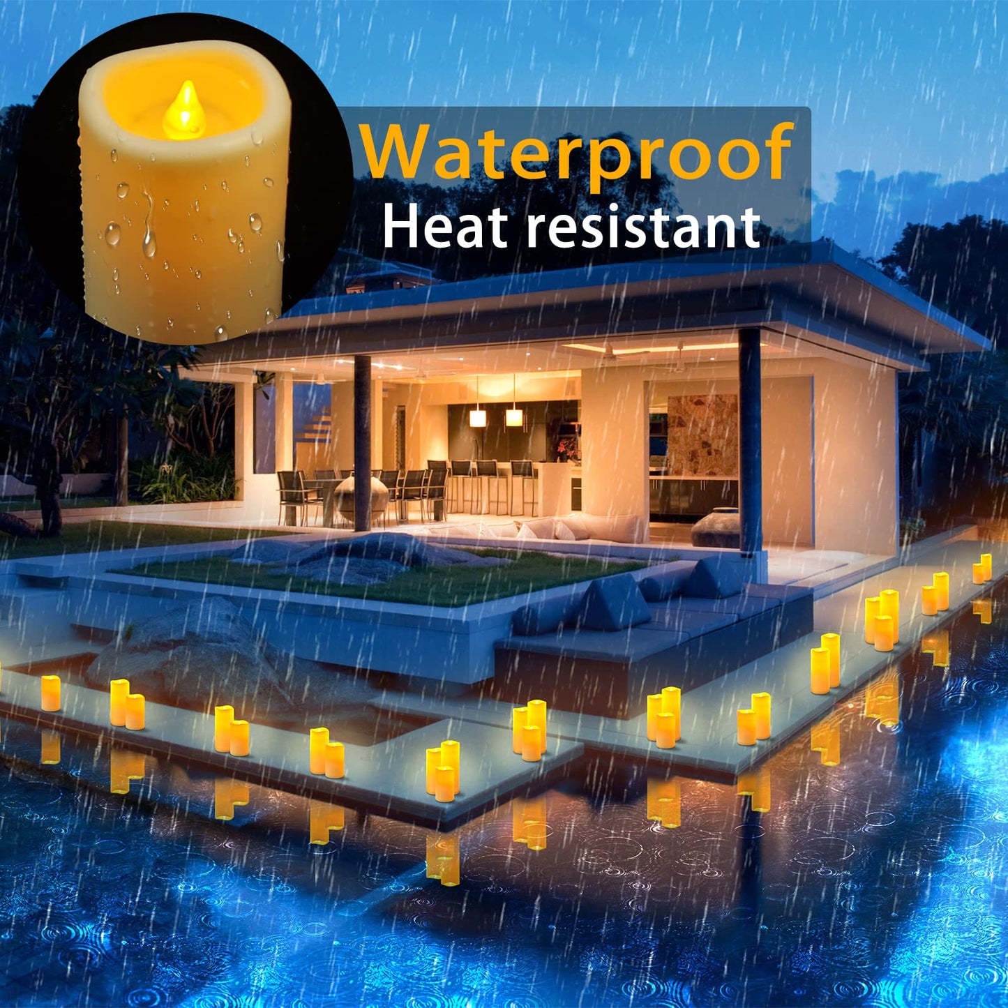 YIWER LED Outdoor Flameless Candles - Set of 5 Battery Operated Candles with 10-Key Remote Ivory Flickering Plastic Pillar Candles for Wedding, Table, Festival, Halloween, Christmas Decorations