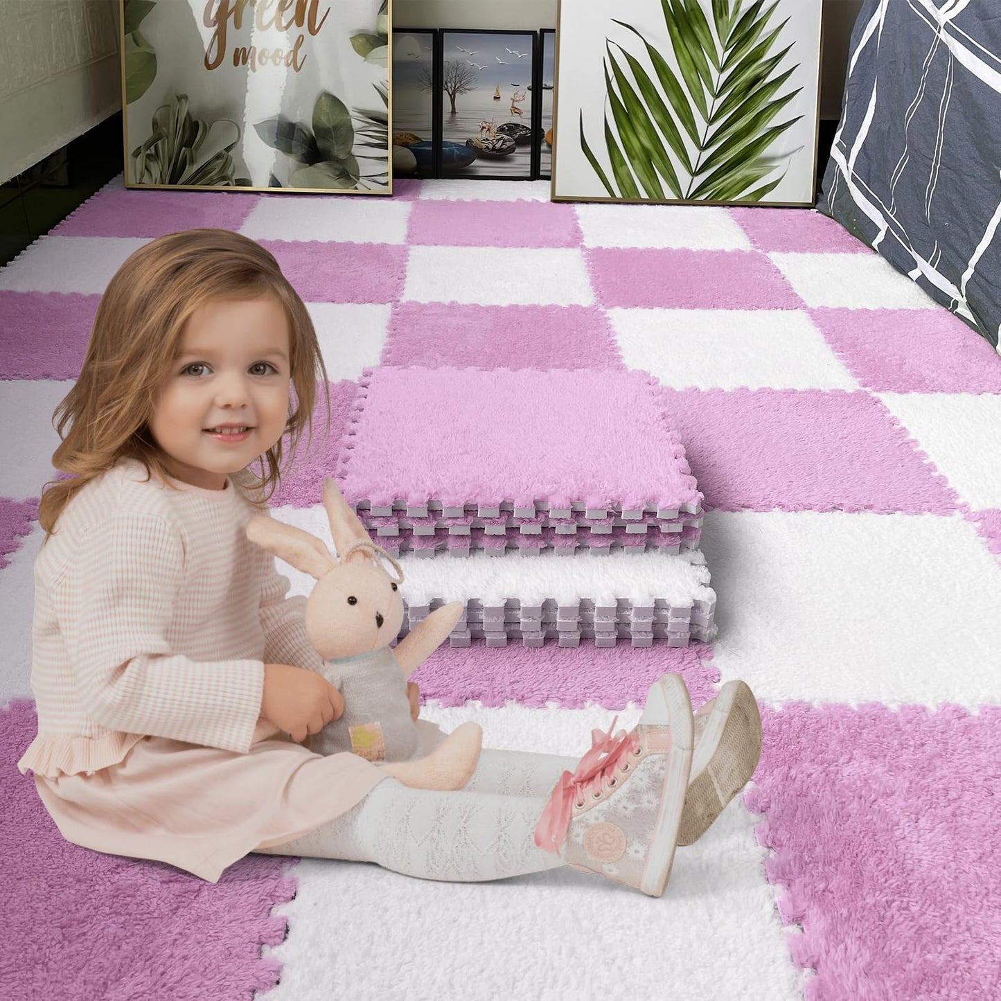 16 PCS Plush Interlocking Carpet Tiles, 0.6" Thick Soft Foam Floor Mat for Baby Crawling, Kids Playroom, Nursery, Bedroom, Living Room & Home Office, Non-Slip Puzzle Floor Tiles(11.8ft, Pink)