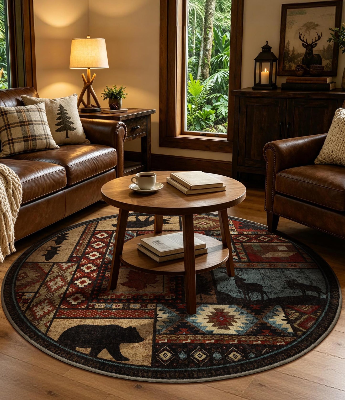 YIHOUSE Rustic Round Rug 4ft, Washable Circle Rug with Non-Slip Backing, Low Pile Soft Western Cabin Rugs for Living Room, Bedroom