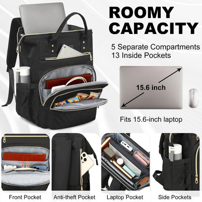 AIJIEKE Lunch Backpack for Women, 15.6 inch Laptop Backpack with Insulated Cooler Lunch Bag Set for Lunch Box Work Backpack for Travel Nurse Teacher, Black