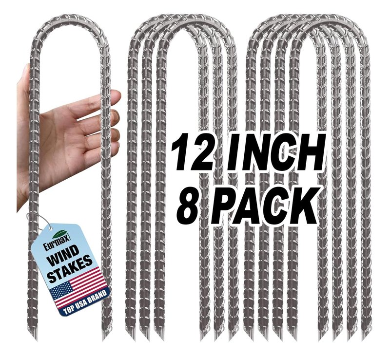 Eurmax USA 8-Pack U-Shape Ground Stakes,Rust-Proof Galvanized Steel Ground Anchors,Commercial Trampoline Stakes for High Winds,Secure Anti-Flip Tie Down for Soccer Goals,Swing Sets,Fences&Playsets