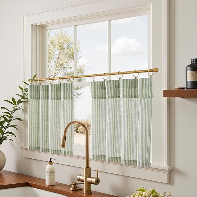 jinchan Striped Linen Kitchen Curtains with Attached Valance 24 Inch Length Cafe Tier Curtains for Living Room Rustic Half Window Light Filtering Rod Pocket Small Drapes 2 Panels Green