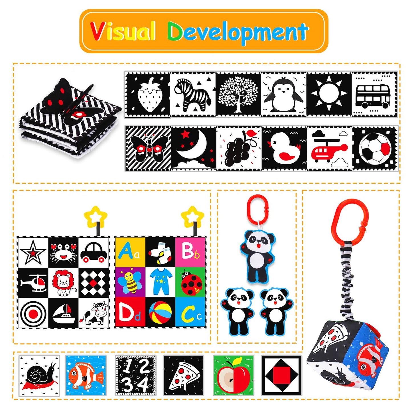 4 PCS Black and White High Contrast Baby Toys 0-3-6 Months Newborn Essential Montessori Toy for Babies Crinkle Sensory Book Brain Development Tummy Time Mirror Infant Carseat Rattle Easter Shower Gift