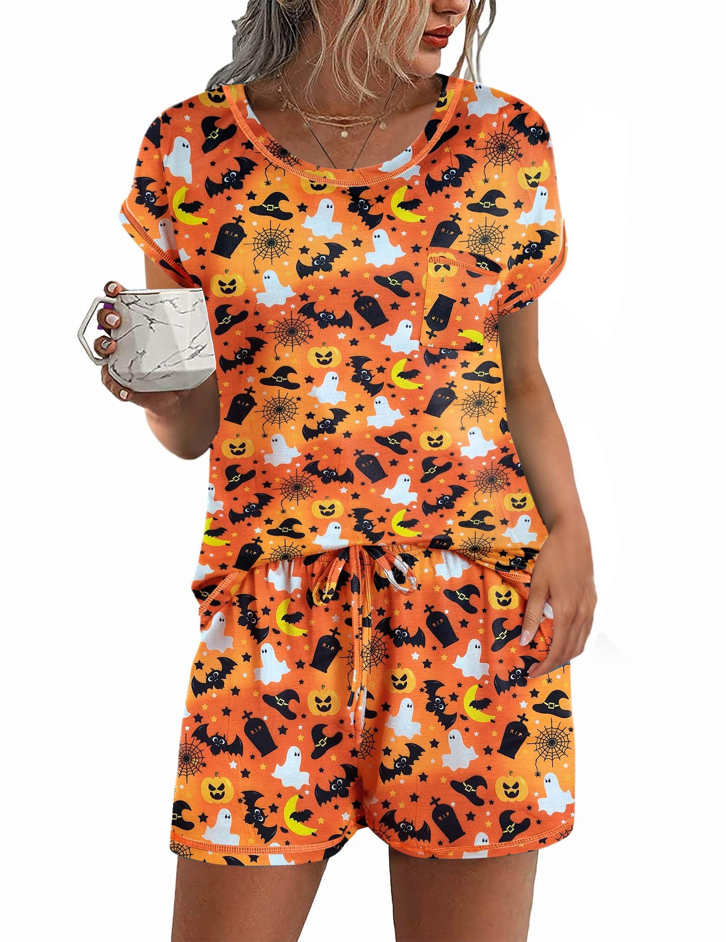 Ekouaer Womens Pajama Sets 2 Piece Soft Short Sleeve Top and Shorts Sleepwear Round Neck Pjs Lounge Set with Pockets Halloween Print X-Large