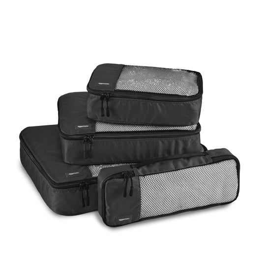 Amazon Basics Lightweight Packing Cubes Travel Organizer Set with Double Zipper, Mesh Top, Small, Medium, Large, Slim, Black, 4 Piece