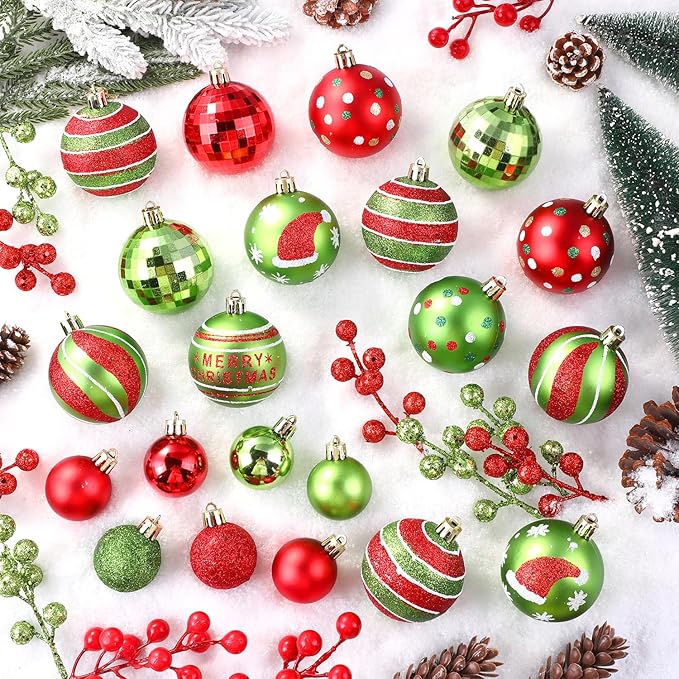 57pcs Christmas Balls with Green Fur Plastic Christmas Baubles for Tree Decoration Red Green Glittering Hanging Xmas Balls with Swirl Candy Cane for Home Holiday Party Indoor Decor
