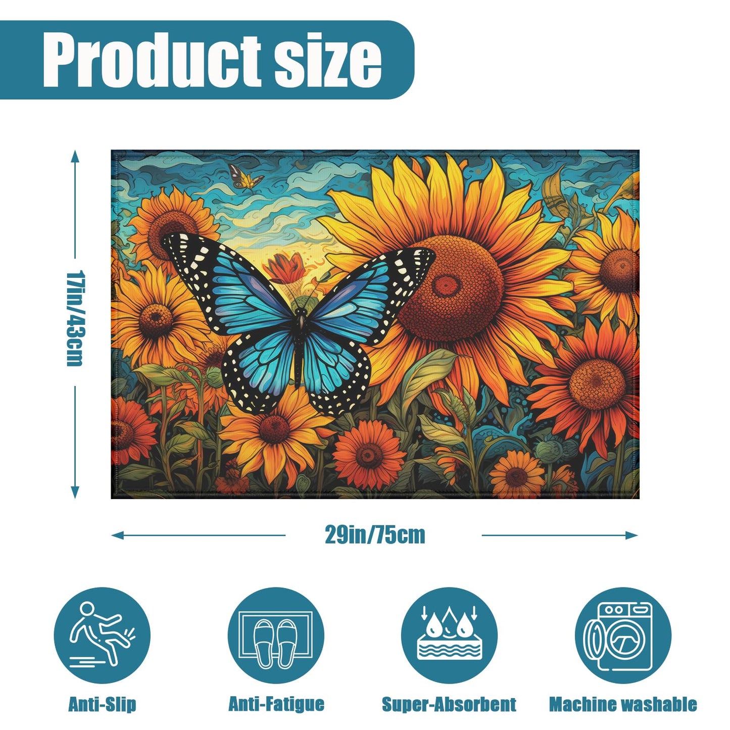 Summer Sunflower Indoor Door Mat, Butterfly Outdoor Entrance Doormat for Entryway Kitchen Bathroom 17 X 29 Inch