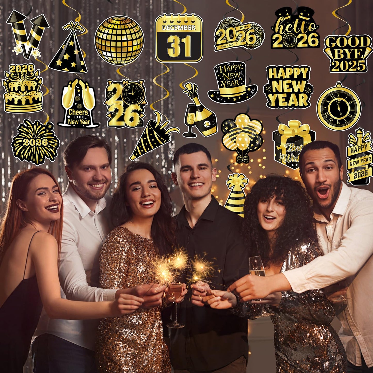40Pcs Happy New Year Decorations Hanging Swirls, Black and Gold Happy New Year Hanging Swirls Ceiling Decor for New Year's Eve Party Decorations Supplies 2026