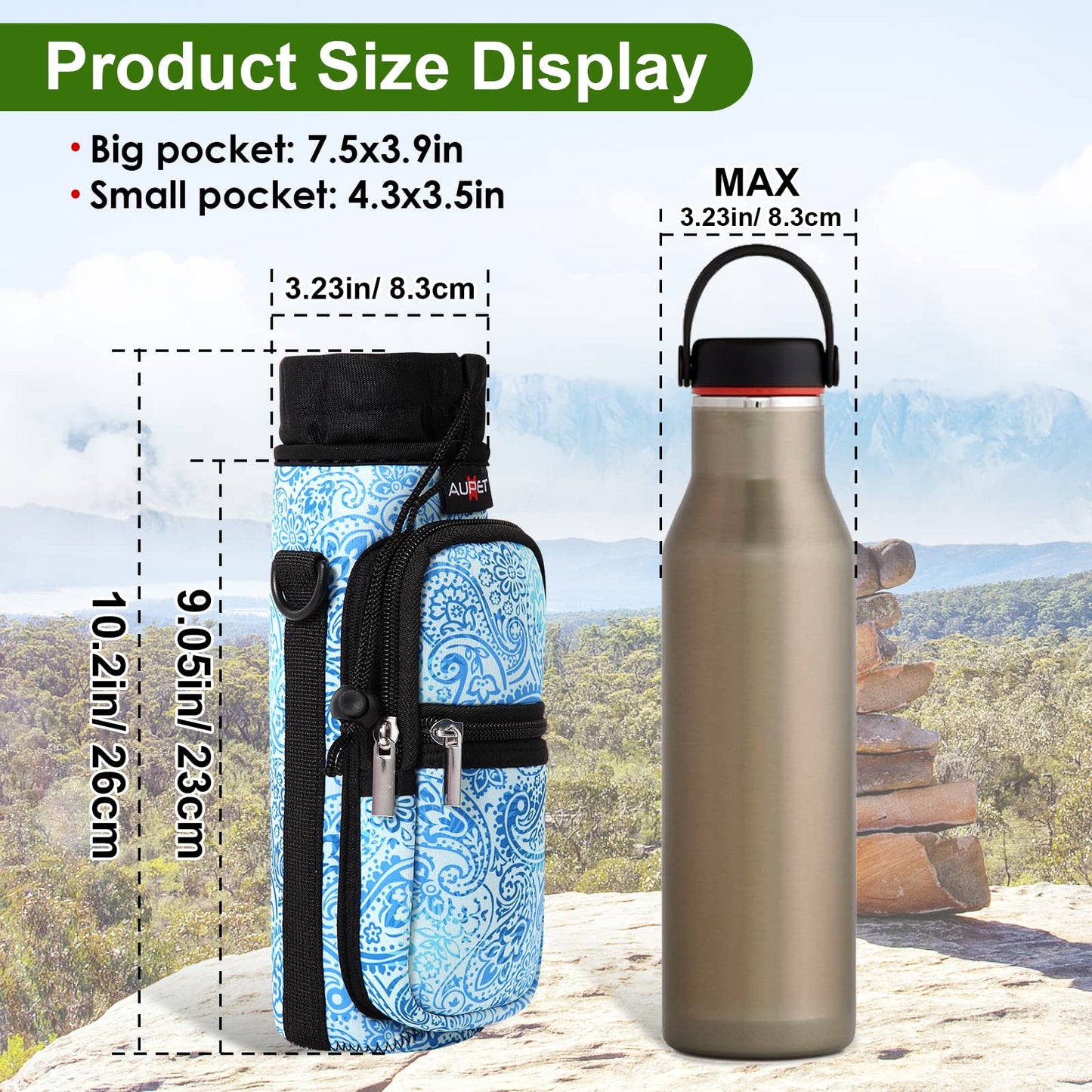 AUPET Water Bottle Sling Bag Sleeve Holder Carrier 25/32/40/64 oz,Insulated Crossbody Water Bottle Case Cover with Strap and Pockets for Men/Women Walking Hiking Camping (25oz, blue feather)
