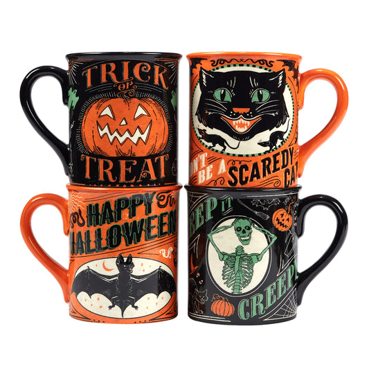 Halloween Mugs Set of 4 – Spooky Ceramic Coffee Cups with Vintage Trick or Treat Designs – Black Cat, Skeleton, Pumpkin & Bat – Fun Scary Tea or Cocoa Cups for Halloween Parties & Décor