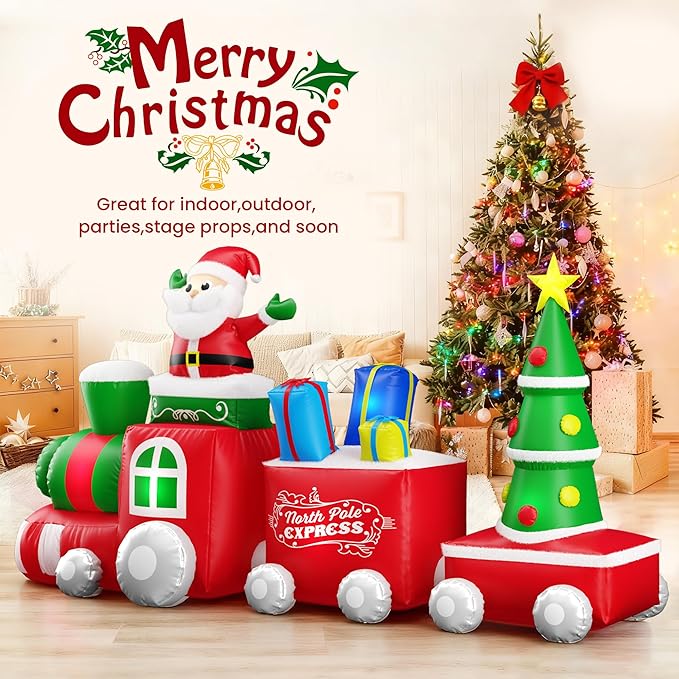11 FT Deluxe Christmas Inflatables Train with Santa Claus, Gift Box, Christmas Tress, Built-in LED Lights, Blow Up Lovely Train Carriage for Christmas Party Holiday, Outdoor Garden Lawn Yard Decor