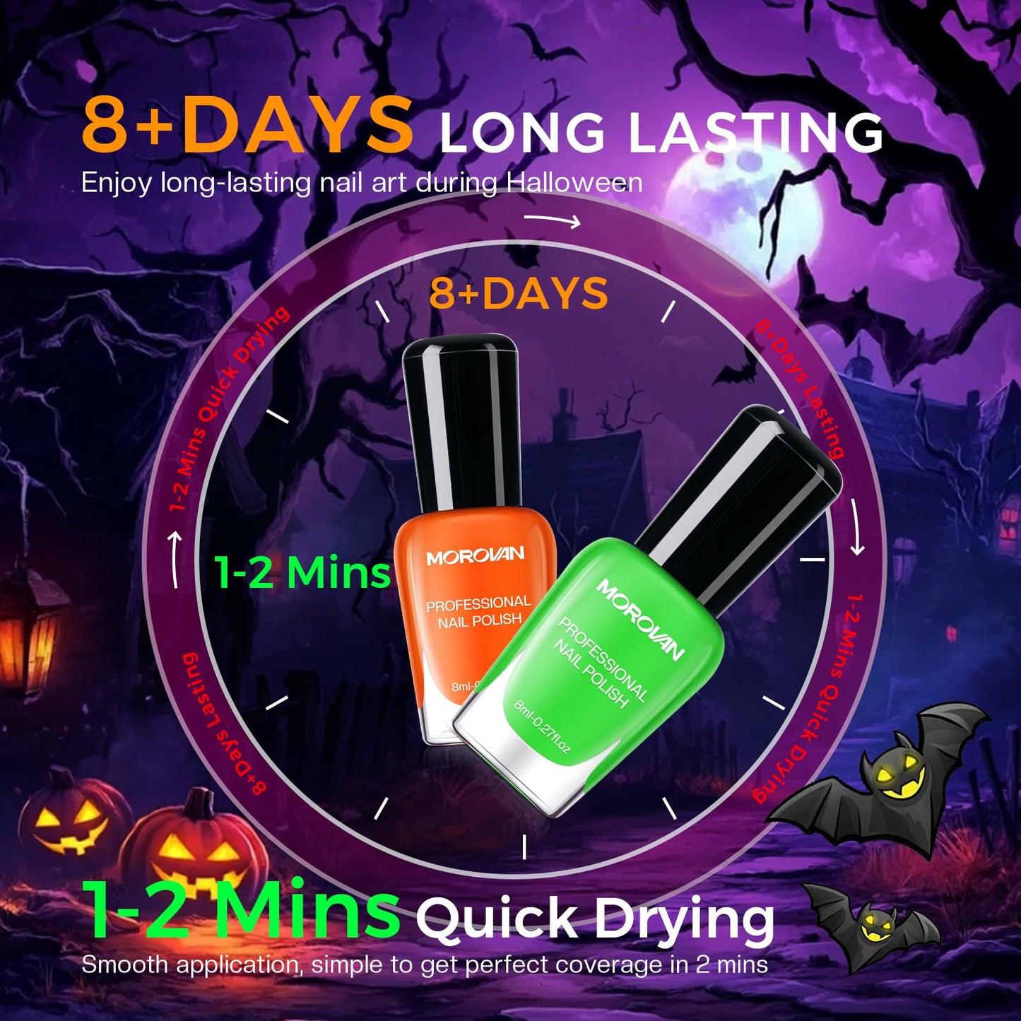 Morovan Halloween Nail Polish Set: Black Crackle Pumpkin Orange Glow in the Dark Neon Green Fingernail Polish Kit with Nail Stickers 2025 Quick Dry Manicure for Women Girls Party Costumes Gifts