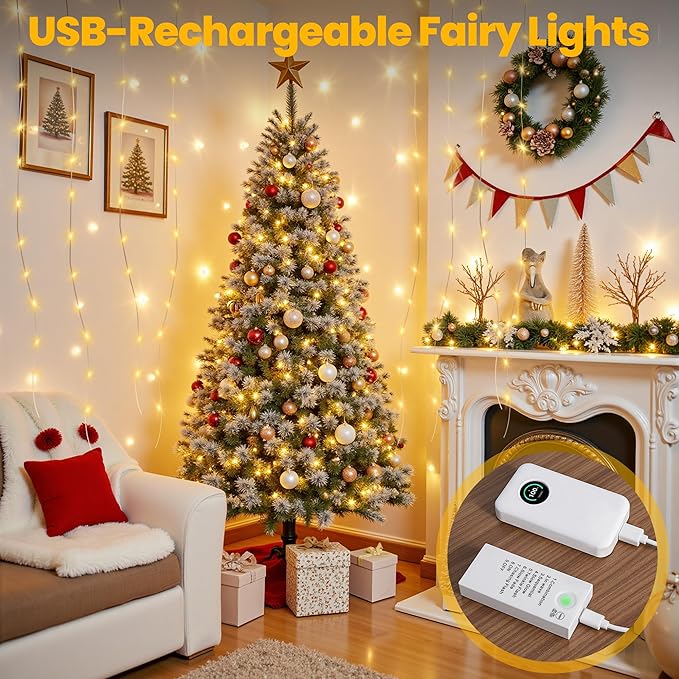 Mlambert LED Fairy Lights Battery Operated with Timer, Rechargeable Mini Twinkle Lights for Christmas Decor, Holiday Party, 32.8FT(16.4x2), Warm White