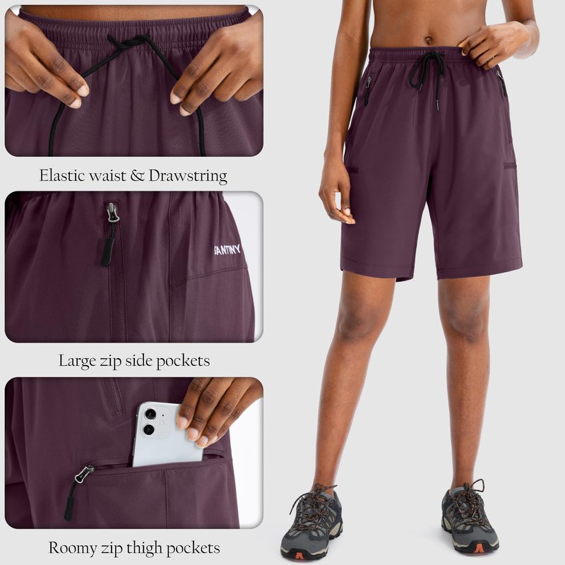 SANTINY Women's 5''/ 7''/9'' Hiking Cargo Shorts Quick Dry Lightweight Summer Shorts for Women Athletic Golf Zipper Pockets(Wine_S)