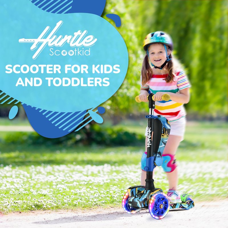 Hurtle ScootKid 3 Wheel Toddler Child Mini Ride On Toy Tricycle Scooter with Adjustable Handlebar, Foldable Seat, and Colorful LED Light Up Smooth Rolling Wheels, Graffiti