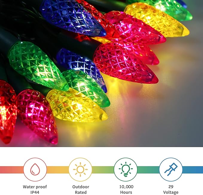 WATERGLIDE C6 Christmas Lights, 33ft 100 LED Faceted String Lights Green Wire Fairy Lights with 29V Safe Adaptor, 8 Lighting Mode, Waterproof for Indoor Outdoor Patio Xmas Tree Party Decor, Multicolor