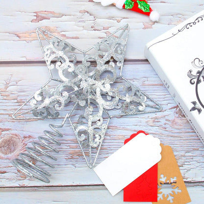 Aneco 10 Inches Christmas Treetop Star Metal Glittered Christmas Tree Topper Xmas Tree Decoration Topper for Christmas Holiday Home Office School Mall Decor, Silver