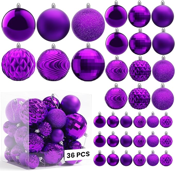 Annecy Christmas Tree Ornaments - 36 PCS Shatterproof Christmas Ball Ornaments Set for Holiday, Wreath & Party Decorations (Multi-Size, Purple)
