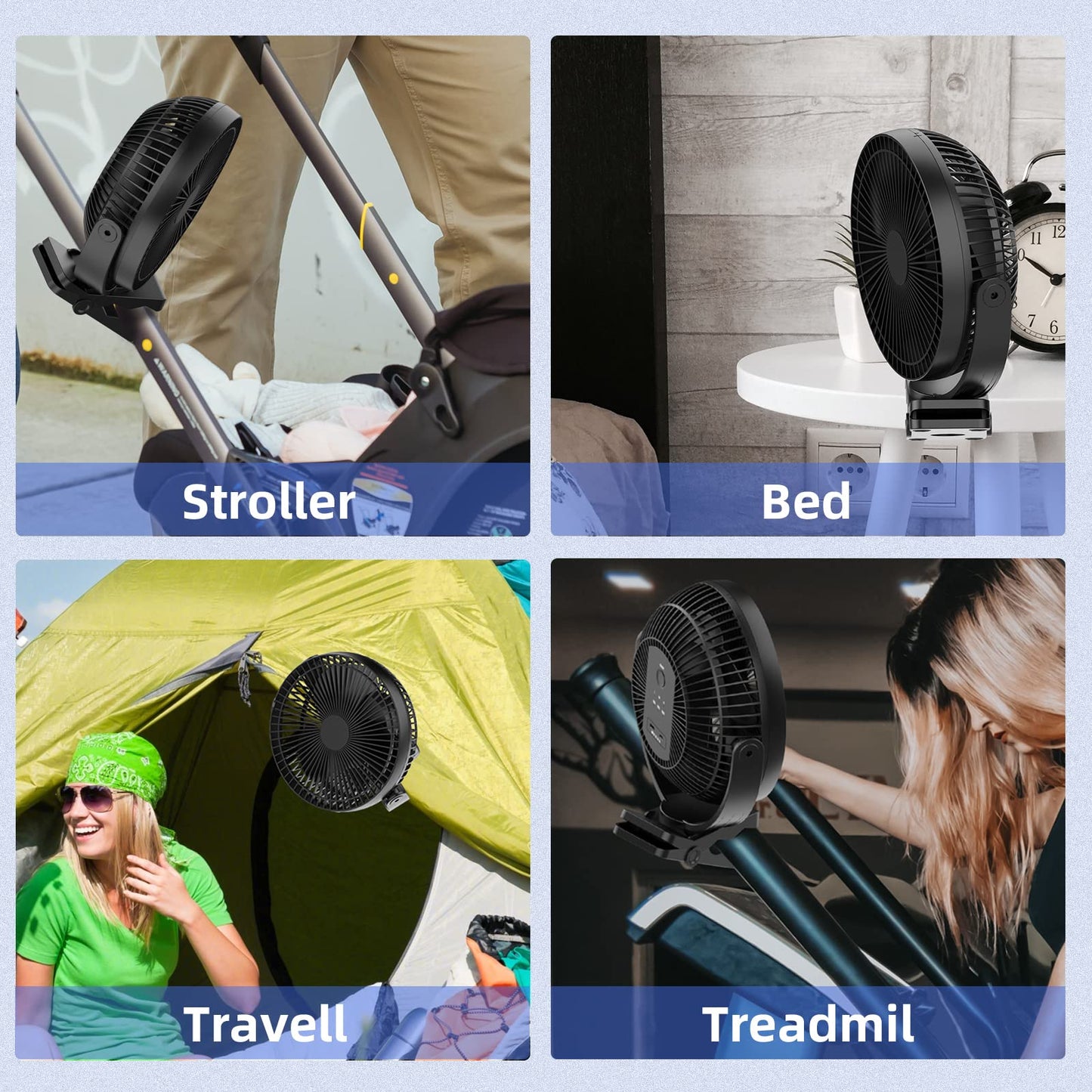 ATEngeus USB Desk Fan, Rechargeable Portable Fan, 8-Inch Clip on Fan, 10000mAh Stroller Fan, 4 Speeds Strong Airflow, 720° Rotation, with Sturdy Clamp, Suitable for home, office and stroller