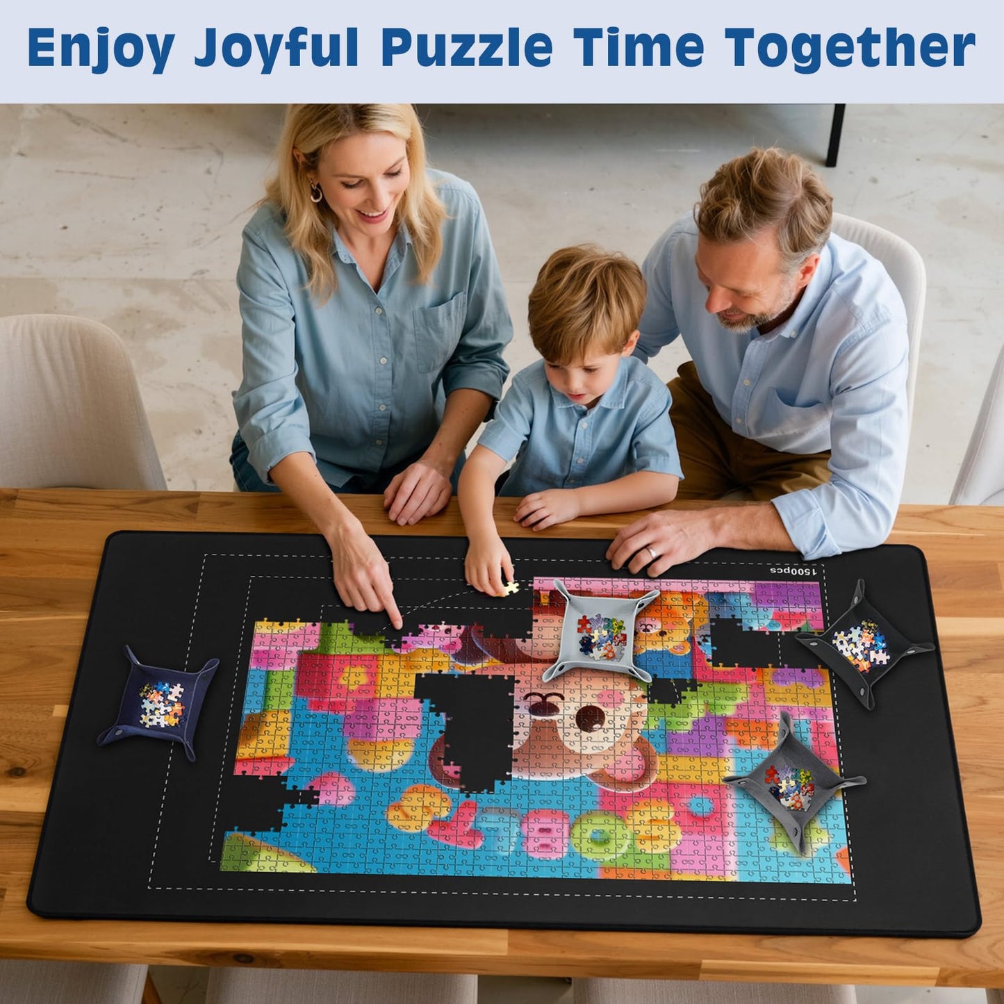 MoKo Jigsaw Puzzle Matt Rollup, 46" x 26" Puzzle Saver Pad with 4 Sorting Trays & Travel Storage Bag, Portable Puzzle Keeper Up to 1500 Pieces, Non-Slip Rubber Bottom & Smooth Surface