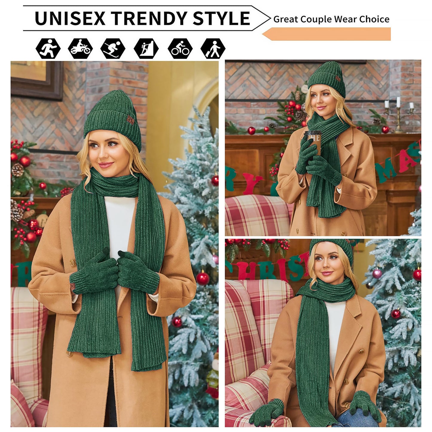 Womens Winter Knit Warm Hat Beanie Long Scarf Touch Screen Gloves Set Skull Caps Neck Scarves for Women Men Dark Green