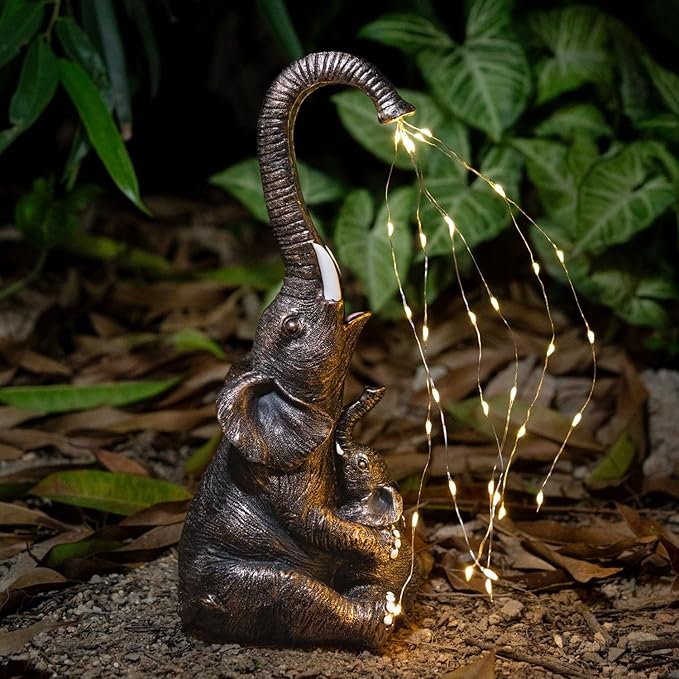 Elephant Statue with Solar Watering Lights, Outdoor Garden Decor for Patio, Yard, Lawn, Unique Gifts for Women, Mom – Resin Elephant Sculpture (Copper Two Elephants)