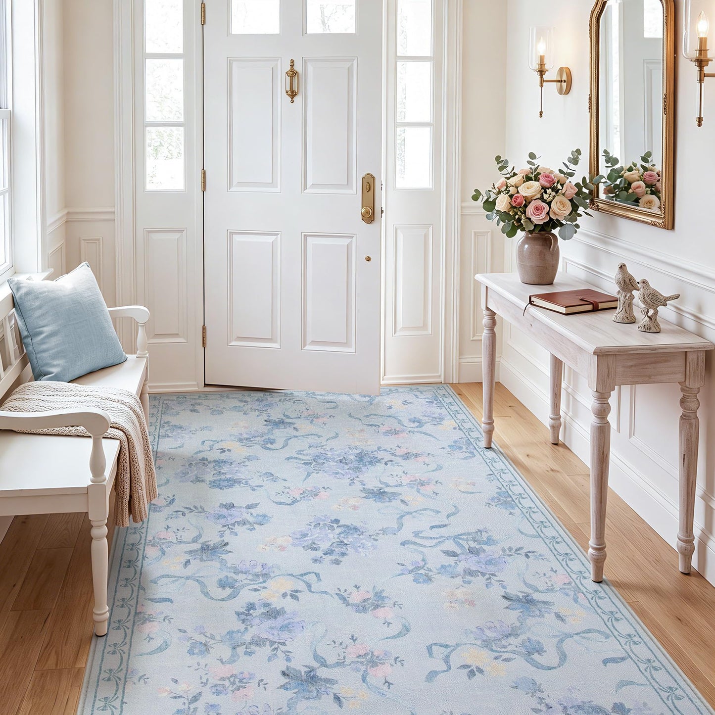 Tribesigns Bow Floral Blue 5x7 Area Rugs for Living Room, Washable Soft Cute Rug for Bedroom Nursery, Border Non Slip Low Pile Coquette Printed Indoor Dining Room Carpet for Kids Playroom, Blue/5x7