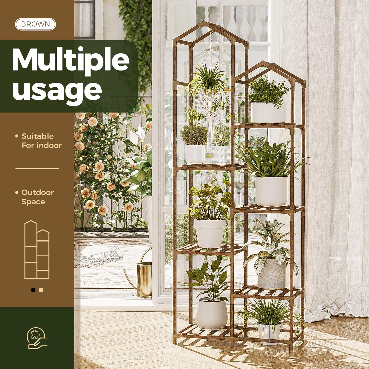 Bamworld Tall Plant Stand Indoor Outdoor Corner Plant Shelf Hanging Plant Holder Wood Flower Stand Plant Decor for Living Room Garden Balcony Patio