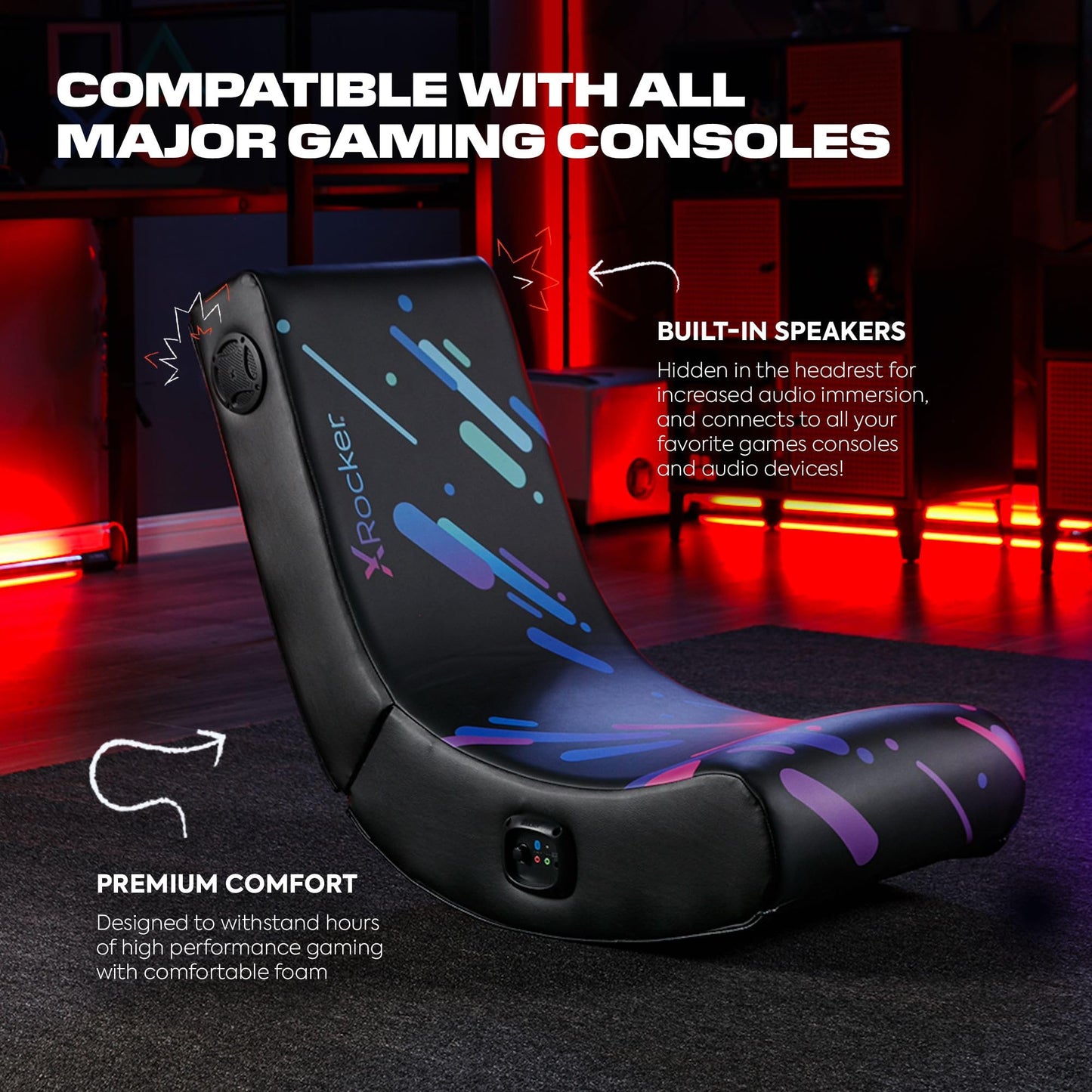 X Rocker Pixel Printed Video Gaming Floor Chair with Headrest Speakers, Wireless Bluetooth, Foldable, Vegan Leather, 300 lbs Max, Amazon Exclusive, Black