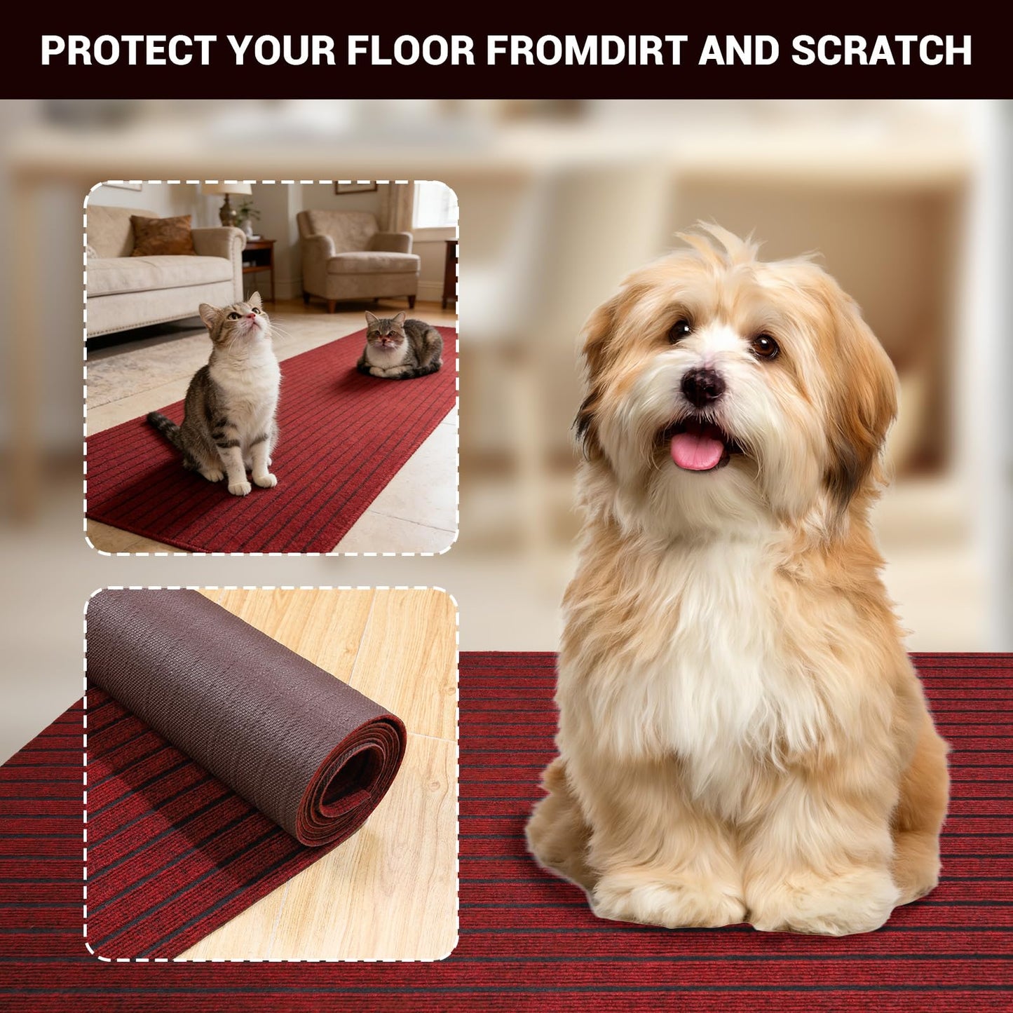 Stripe Runner Rug 2 x 6 ft Indoor Outdoor, Burgundy Non Slip Rubber Backing, Waterproof Low Profile Area Runner for Hallway, Entryway, Kitchen, Patio, Garage, Stairs & Laundry