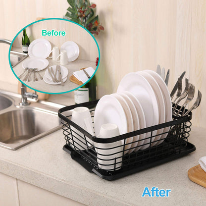 (Black) - ESYLIFE Kitchen Dish Drainer Drying Rack with Drip Tray and Full-Mesh Silverware Storage Basket, Black