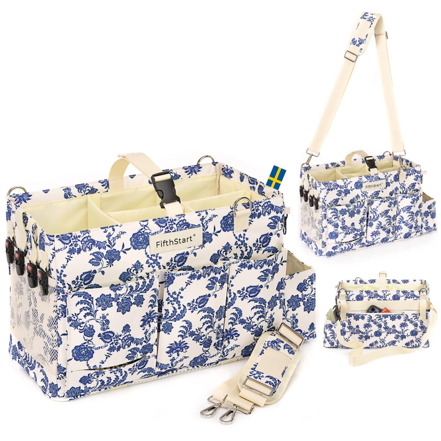 FifthStart Multiuse Large Blue Floral Diaper Caddy with Waist, Shoulder Strap, 9 Pockets, Mesh Base, and Adjustable Compartments