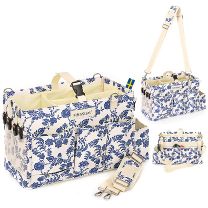 FifthStart Multiuse Large Blue Floral Diaper Caddy with Waist, Shoulder Strap, 9 Pockets, Mesh Base, and Adjustable Compartments
