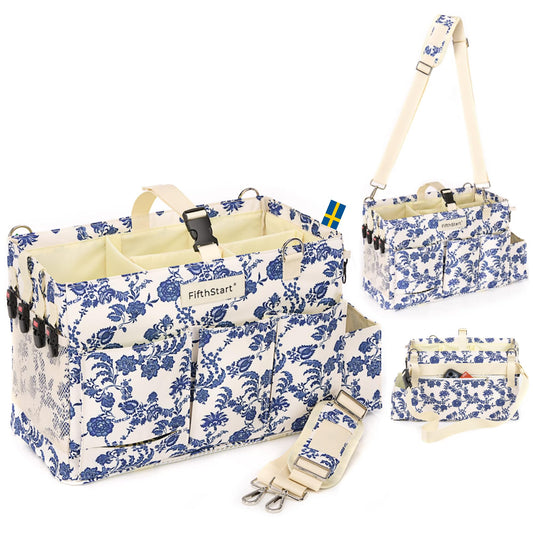 FifthStart Multiuse Large Blue Floral Diaper Caddy with Waist, Shoulder Strap, 9 Pockets, Mesh Base, and Adjustable Compartments