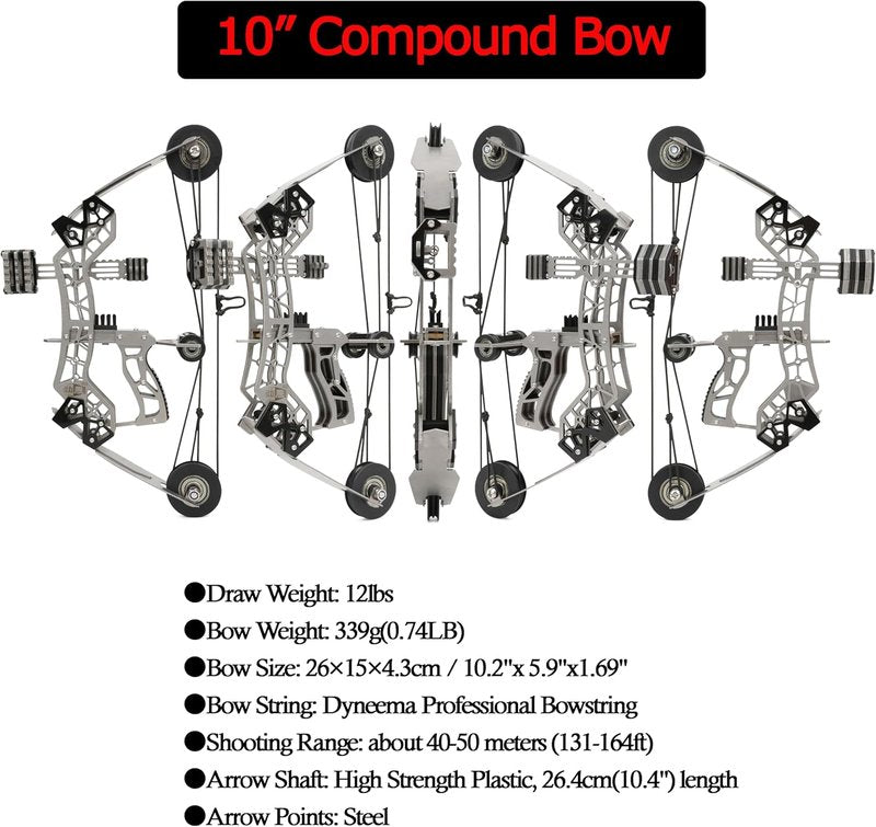 10-Inch Compound Bow Set - 12lbs Archery Bow and Arrow for Target Shooting | Right/Left Handed, 40-50m Range