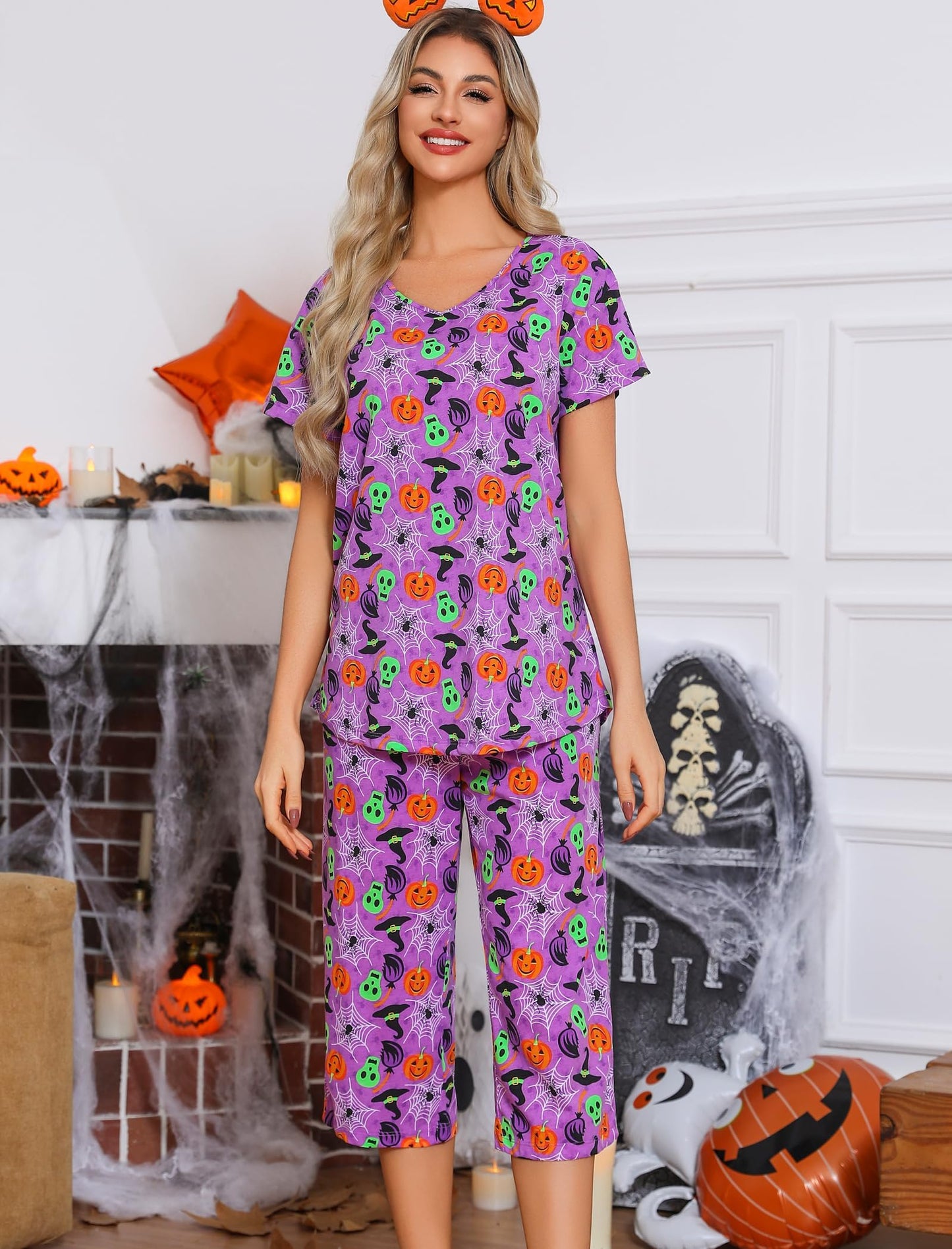 ENJOYNIGHT Womens Pajama Sets Cotton Summer Pjs Tops with Capri Pants Sleepwear (PU-Spider, XX-Large)