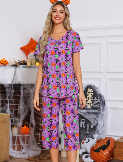 ENJOYNIGHT Womens Pajama Sets Cotton Summer Pjs Tops with Capri Pants Sleepwear (PU-Spider, XX-Large)