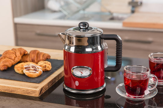 Russell Hobbs Kettle [1.7 L, 2400 W] Retro Red & Polished Stainless Steel (Quick Boil Function, Water Temperature Display in Retro Design, External Water Level Indicator) Vintage Tea Maker 21670-70