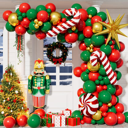 Adeyoo Christmas Balloon Arch Kit Garland - Red Green Gold Christma Balloons with Nutcracker Candy Cane Exploding Star Foil Balloons Xmas Balloon for Xmas Birthday New Year Party Decorations