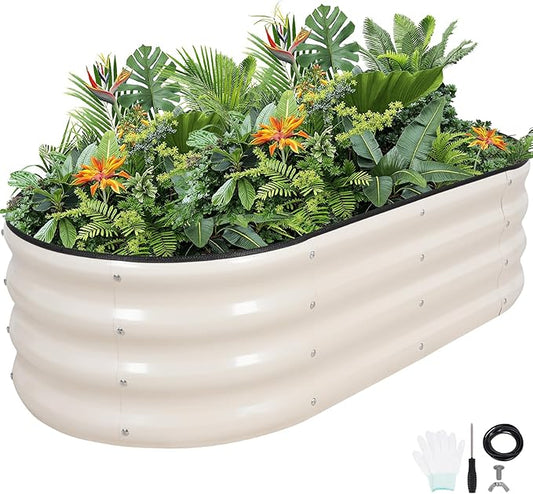 G GOOD GAIN Raised Garden Beds - 4x2x1ft Galvanized Planter Boxes Kit with Protective Tape & Gloves & Tools | Oval Metal Outdoor Raised Bed for Gardening Vegetables, Fruits, Flowers, Herbs, White