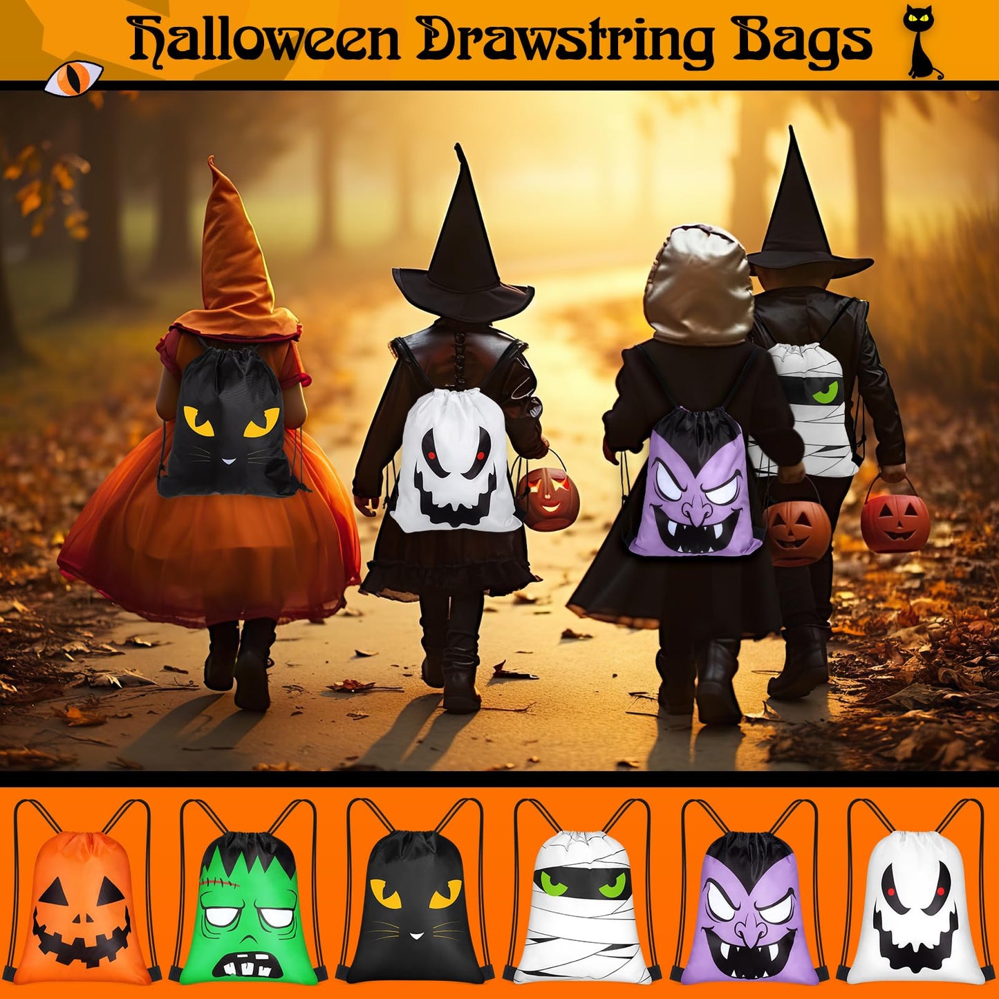 Censen 24 Pcs Drawstring Bags Set Bulk 12 x 10 Inch Waterproof Beach Sack Pack for Girls Boys Kids Gift Party Gym Supplies (Halloween Style)