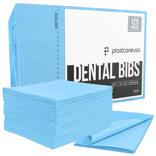 Disposable Dental Bibs 13"x18" (125 Pack) - 3 Ply Waterproof Tattoo Bib Sheet for Patients - Dentist or Medical Tray Cover and Nail Table Cover Supplies, Blue