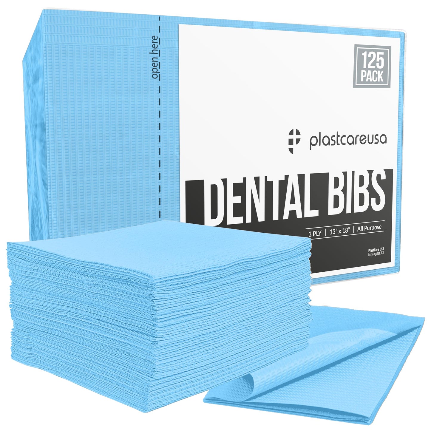 Disposable Dental Bibs 13"x18" (125 Pack) - 3 Ply Waterproof Tattoo Bib Sheet for Patients - Dentist or Medical Tray Cover and Nail Table Cover Supplies, Blue