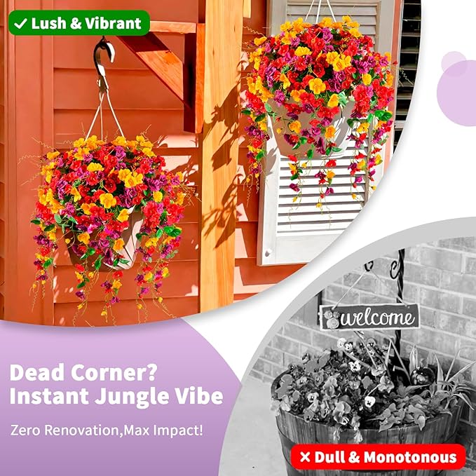 Artificial Flowers for Outdoors 2 Pack Fake Hanging Plants with Faux Hibiscus Flowers Summer Fall Decor UV Resistant Silk Leaves for Indoor Outdoor Front Door Porch Patio Planter Decor